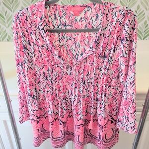 LILLY PULITZER 3/4 Sleeve Marilina Tunic Tide Navy Citrus Kiss Medium